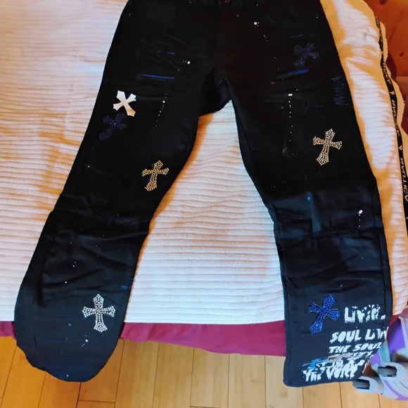 Black Jacket and Pants Set with Cross Patches